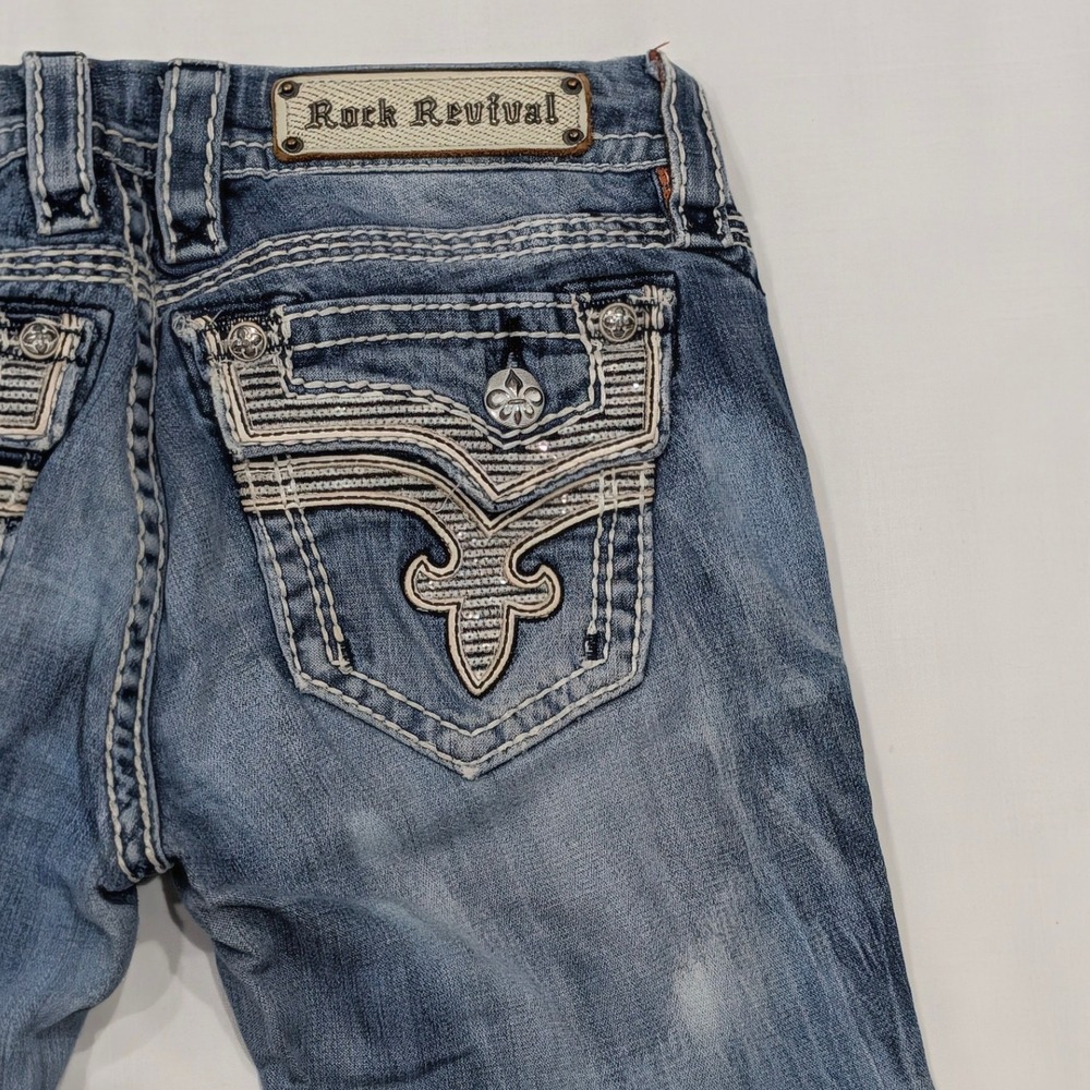 Rock Revival Kai Bootcut Jeans Blue Distressed Thrashed E8322857L Size 26